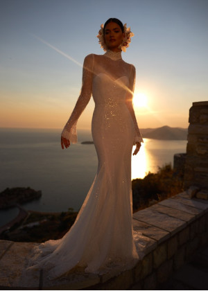 High Neck Ivory Glitter Lace Romantic Wedding Dress